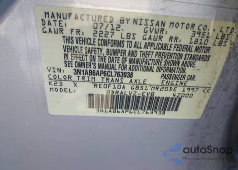 2012 Nissan Sentra 2.0 Sl from USA, damaged, VIN 3N1AB6AP6CL763938